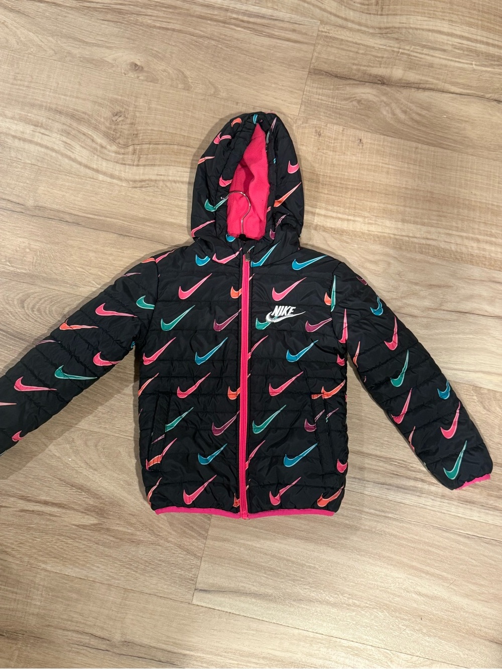 Nike Kids Black Hooded Puffer Jacket with Multicolor Swooshes